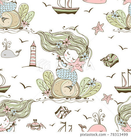 Seamless pattern with cute mermaid and sea... - Stock Illustration ...