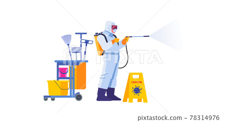 Disinfectant worker wear protective mask and suit sprays coronavirus or covid-19. Flat style design vector illustration isolated on white background. 78314976