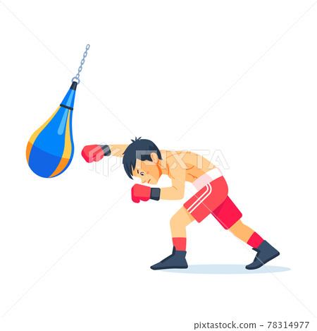 A young boxer trains hard on a punching bag in the gym, the kid is engaged in a new hobby. Cartoon flat vector illustration on a white background A young boxer trains hard on a punching bag in the gym, the kid is engaged in a new hobby. Cartoon flat vector illustration on a white background 78314977