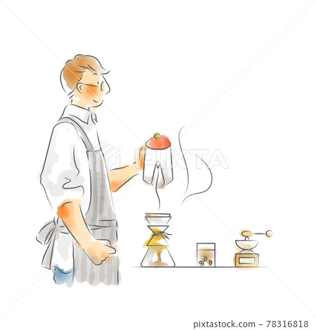 一個煮咖啡的男人,一幅觸感柔軟的水彩插圖 一個煮咖啡的男人,一幅觸感柔軟的水彩插圖 78316818