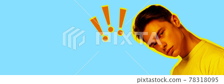 Contemporary art collage, modern design. Magazine style. Man on blue studio background with copy space for ad. Contemporary art collage, modern design. Magazine style. Man on blue studio background with copy space for ad. 78318095