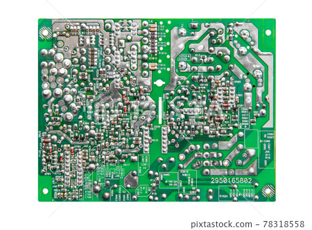 Electronic printed circuit board with soldered contacts on the reverse side of the parts. Isolated on white background Electronic printed circuit board with soldered contacts on the reverse side of the parts. Isolated on white background 78318558