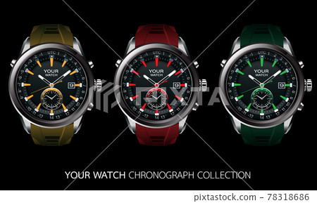 Realistic vector collection of clock watch chronograph grey steel black dashboard face white number text yellow red green design luxury elegance for men on black background. Realistic vector collection of clock watch chronograph grey steel black dashboard face white number text yellow red green design luxury elegance for men on black background. 78318686