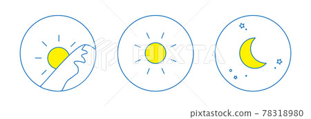 Morning, noon, night image illustration, round icon set 3 types (line drawing, blue) 78318980