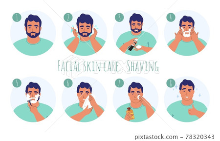 8 step men facial skin care, flat vector illustration. Male grooming, shaving routine. 8 step men facial skin care, flat vector illustration. Male grooming, shaving routine. 78320343