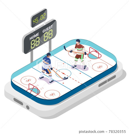 Mobile ice hockey, flat vector illustration. Isometric sport rink, players, scoreboard on smartphone screen. Online game 78320355
