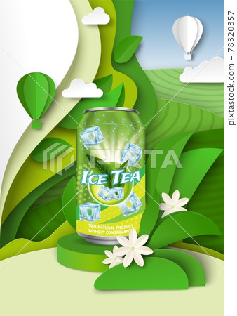 Ice tea ads template, vector illustration. Herbal soft drink packaging aluminum can mockup, paper cut green tea leaves. 78320357