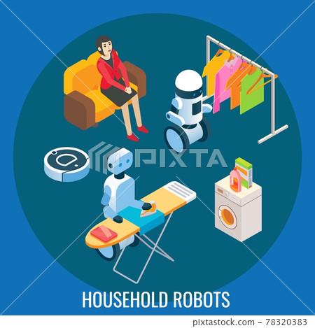Smart home ai robots helping people with laundry, cleaning house, ironing clothes, vector isometric illustration. 78320383