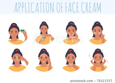 Face cream application steps, flat vector illustration. Facial skin care routine, beauty procedure 78321557