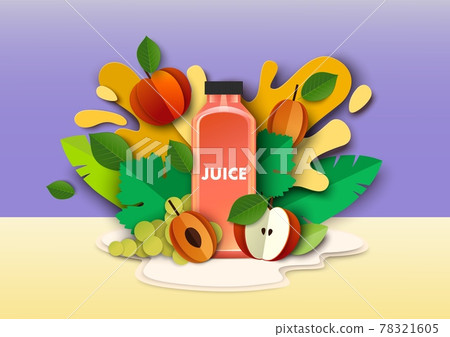 Multifruit juice drink bottle, fresh fruits, liquid splashes, drops. Vector paper cut style illustration. Mix juice ads. Multifruit juice drink bottle, fresh fruits, liquid splashes, drops. Vector paper cut style illustration. Mix juice ads. 78321605