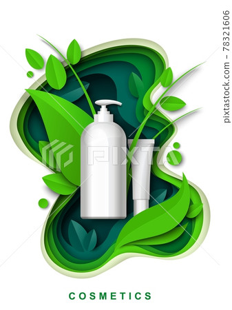 Cosmetic packaging bottle mockup, paper cut green floral background vector illustration. Skin care product ads template. 78321606
