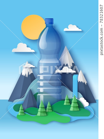 Blank drink water plastic bottle, paper cut mountains, forest trees, vector illustration. Clean water ads template. 78321607
