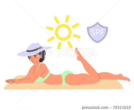 Woman sunbathing safely using sunscreen, flat vector illustration. Sunblock sun protection cream. Summer beach skin care 78321610