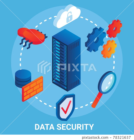Data security flowchart, vector illustration. Isometric server rack, cloud, shield, computer bug, gears. Data protection Data security flowchart, vector illustration. Isometric server rack, cloud, shield, computer bug, gears. Data protection 78321637