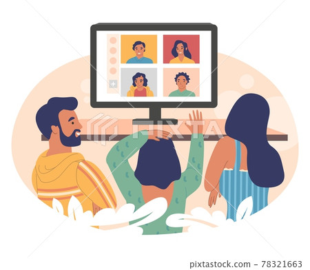 Relatives communicating online via group video call chat, vector illustration. Virtual family meeting. Video conference. Relatives communicating online via group video call chat, vector illustration. Virtual family meeting. Video conference. 78321663