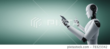 Robot humanoid use mobile phone or tablet in future office 78323342
