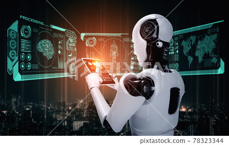 Robot humanoid using tablet computer in concept of AI thinking brain 78323344