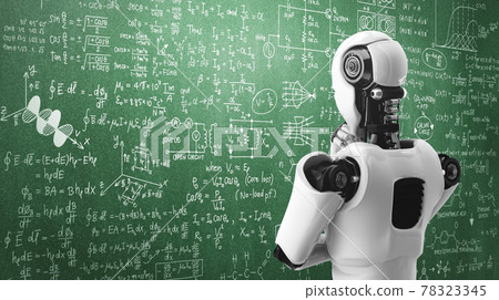 Thinking AI humanoid robot analyzing screen of mathematics formula and science 78323345