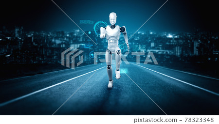 Running robot humanoid showing fast movement and vital energy Running robot humanoid showing fast movement and vital energy 78323348