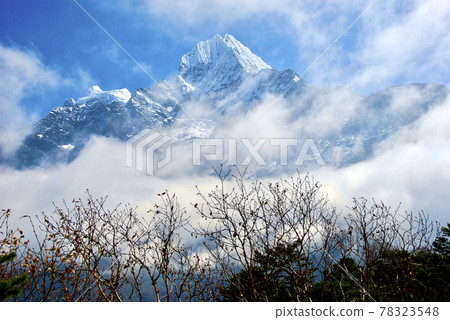 Thamserku, a famous peak looking up from the Everest View Hotel Thamserku, a famous peak looking up from the Everest View Hotel 78323548