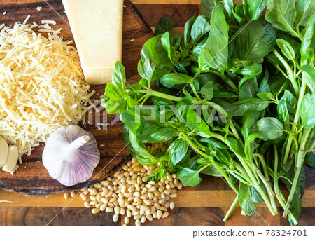 Pesto ingredients on wooden board Pesto ingredients on wooden board 78324701