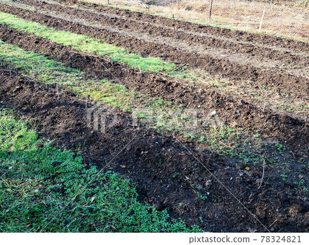 plowed earth on garden beds in village in winter 78324821