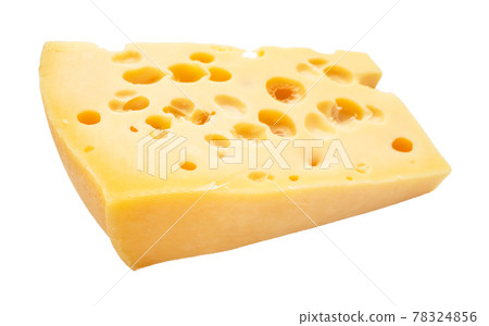 piece of semi-hard swiss cheese with holes cutout 78324856