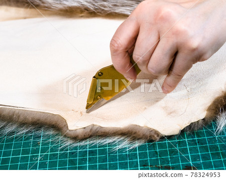 tailor cuts the edge of fur pelt by knife tailor cuts the edge of fur pelt by knife 78324953