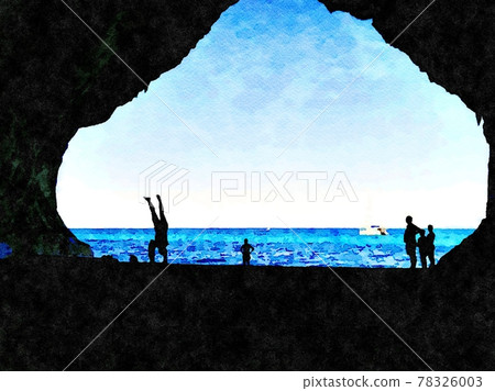 From inside a cave on the beach you can see the silhouettes of a group of people playing happily and the sea in the background. Digital painting. 78326003