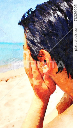A young woman on the beach seen from behind contemplates the sea during the summer. Digital painting. 78326005