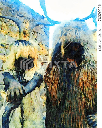 Bone masks and traditional animal skin clothes during a party in a village in Sardinia in Italy. Digital watercolors 78326006