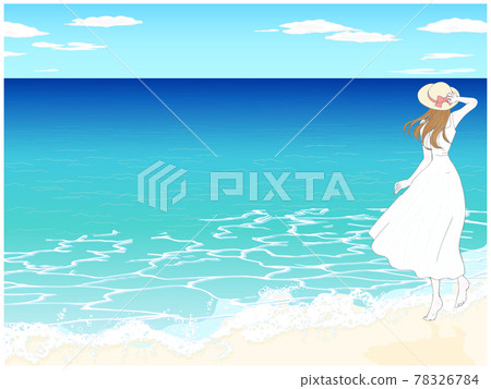 A white one-piece woman standing on the beach (back view) 78326784