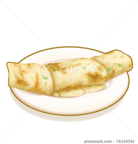Taiwan scallion pancake beef roll, a digital painting of Taiwanese traditional fried pancake crepe with scallion and meat on dish raster 3D illustration isolated on white background. 78329592