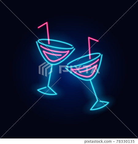 Cheers toast. Neon cocktail. Fashion sign. Night light signboard, Glowing banner. Summer emblem Cheers toast. Neon cocktail. Fashion sign. Night light signboard, Glowing banner. Summer emblem 78330135