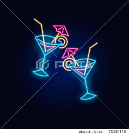 Cheers toast. Neon cocktail. Fashion sign. Night light signboard, Glowing banner. Summer emblem Cheers toast. Neon cocktail. Fashion sign. Night light signboard, Glowing banner. Summer emblem 78330136