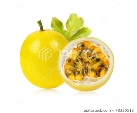 yellow passion fruit with leaf on white background 78330518