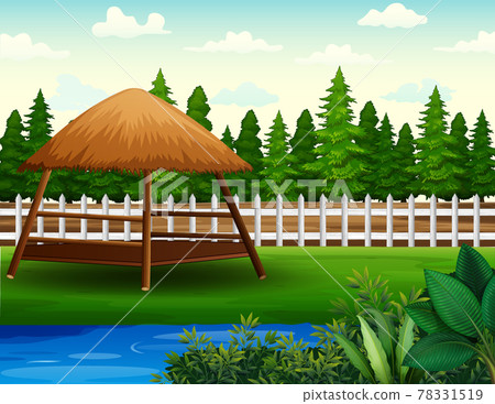 Background of a gazebo and small pond in the backyard Background of a gazebo and small pond in the backyard 78331519