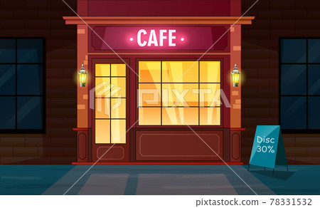 Front view of night cafe exterior from street Front view of night cafe exterior from street 78331532