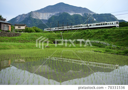 西武鐵道4000系列一邊行駛,一邊看著以武子山為背景的水鏡稻田 西武鐵道4000系列一邊行駛,一邊看著以武子山為背景的水鏡稻田 78331536
