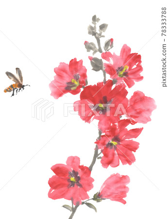 Hollyhocks and bees drawn with ink painting technique 78333788