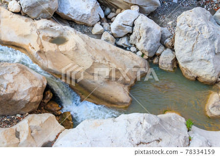 Scenic landscape with beautiful mountain brook. Idyllic scenery with clear water in small river. Fast water flow close-up 78334159