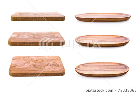 Chopping board and wood plate on white background 78335365