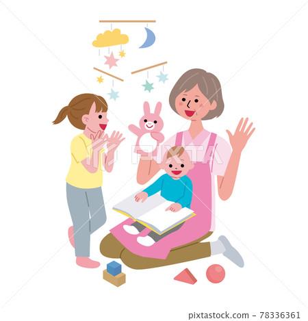 一名在托兒所工作的老年婦女的插圖 78336361