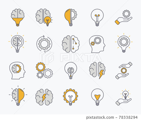 Brainstorm icons set. Artificial light, brain, lightbulb, creative, Development, knowledge, brainstorming, brainstorm solution. Vector Illustration 78338294