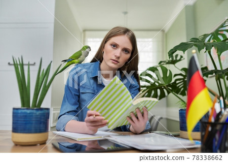 Female student looking talking to webcam, studying German online Female student looking talking to webcam, studying German online 78338662