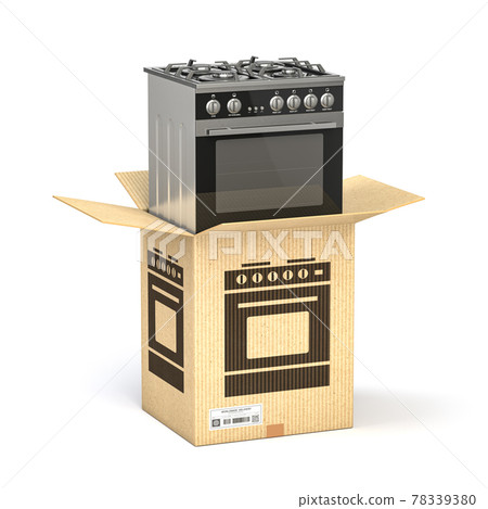 Gas cooker in cardboard box isolated on white. Household kitchen appliances purchasing online concept. Gas cooker in cardboard box isolated on white. Household kitchen appliances purchasing online concept. 78339380