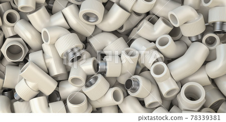 Various fittings of pvc plastic pipes and tubes in heap. Plumbing ackground. 78339381
