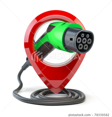 Electric car charging point location. Car charger power plug with pin isolated on white. Electric car charging point location. Car charger power plug with pin isolated on white. 78339382
