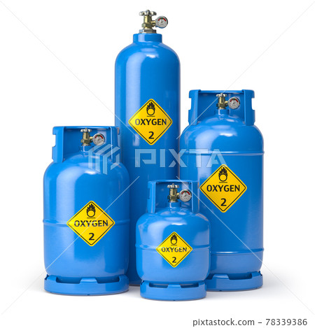 Oxygen gas tanks containers and cilinders of different size isolated on white. 78339386