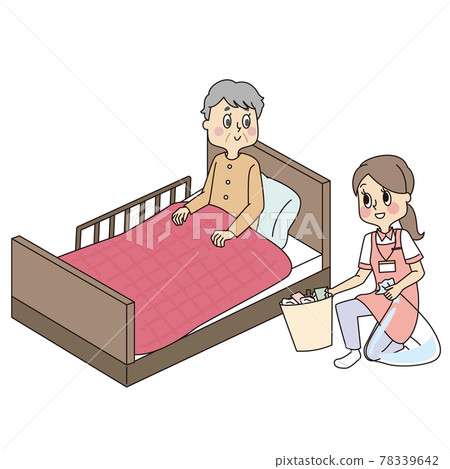 Senior women and female helpers on the bed with... - Stock Illustration ...